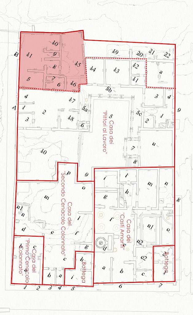 IX.12 Plan 2024 Pompeii Regio IX(9) Insula 12. Plan of entrances 1 to 9, A and B
Pompei Regio IX(9) Insula 12. Pianta degli ingressi da 1 a 9, A e B
Pompeji Regio IX(9) Insula 12. Plan der Eingänge 1 bis 9, A und B